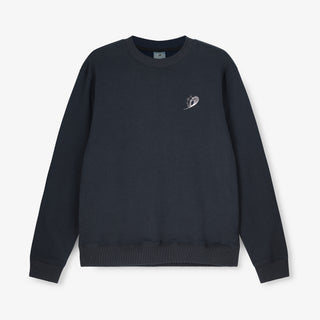 Unisex navy sweater made from 100% organic cotton with a soft fleece inner. Features iconic wave logo on the front and blueprint logo on the back. Lightweight, relaxed fit and fully biodegradable.