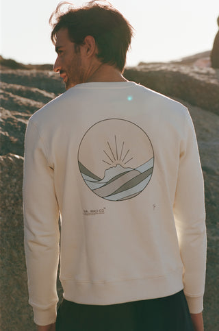 Unisex organic cotton sweater featuring Tom Jean Webb’s “Calling” artwork in blue and sand tones. Lightweight fleece inner, relaxed fit, biodegradable and ethically made in Portugal.